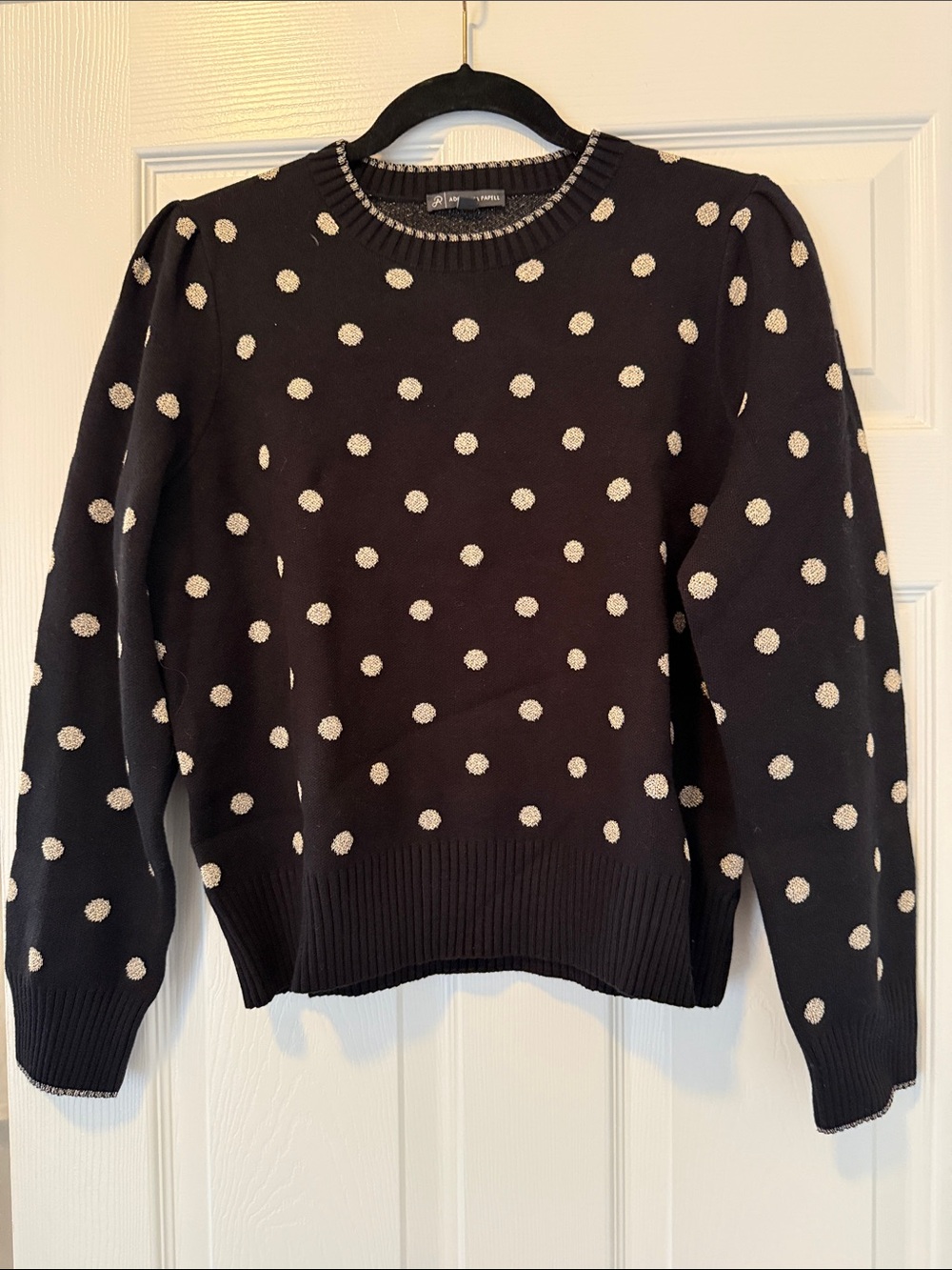 Adrianna Papell Black Crewneck Sweater with Ivory Polka Dots